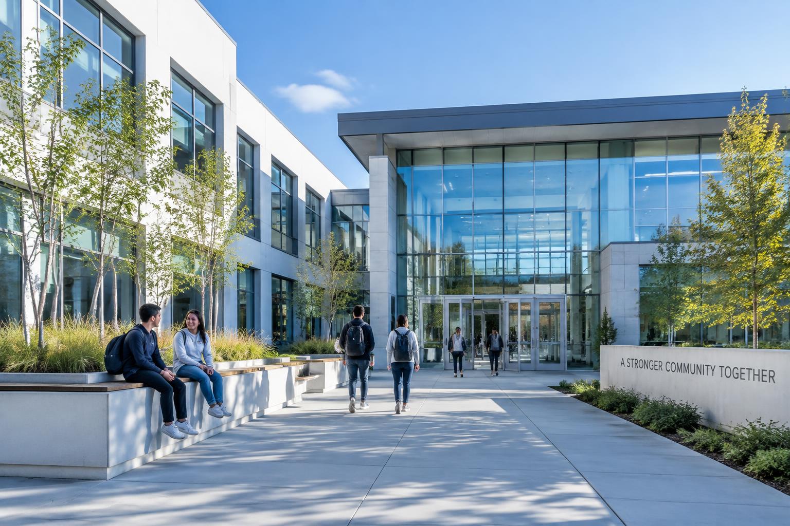People walking through a bright, open community campus