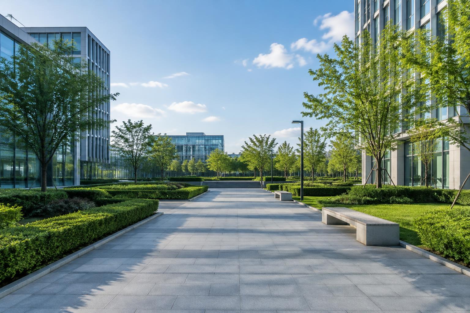 Open landscaped plaza with clear sight lines